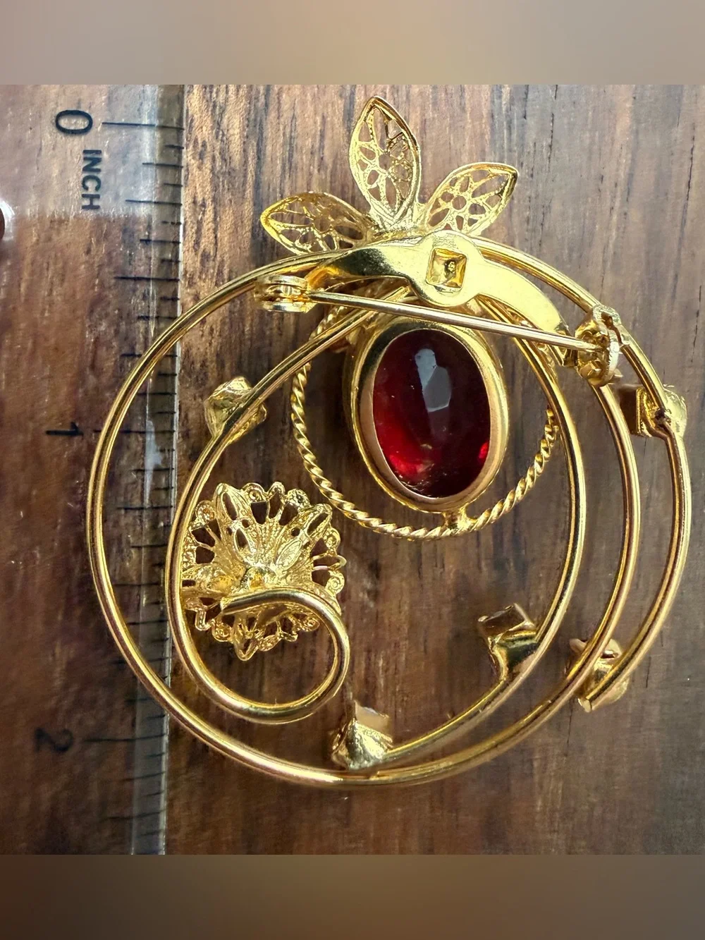 Vintage Gold Tone and Red Floral Crystal Brooch with Matching Clip Earrings